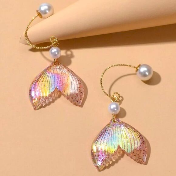 Mermaid Tail Holographic Pearlescent Metallic Pearl Accent Charm Drop Earrings - Picture 1 of 5